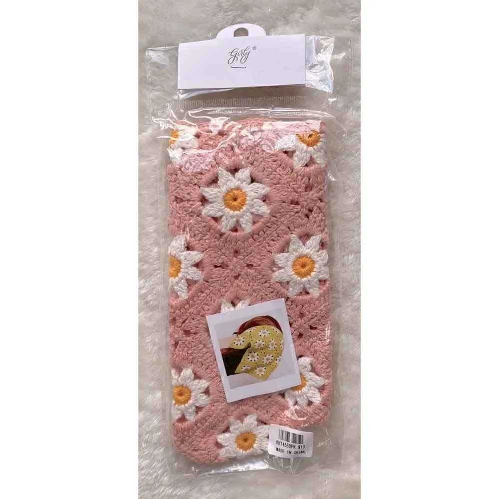 Crochet Triangle Flower Headscarf Bandana in Pink, White & Yellow